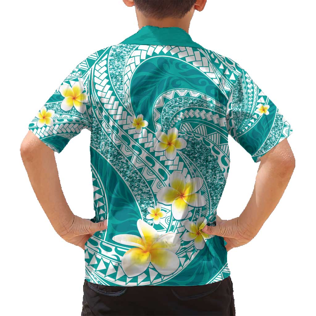 Plumeria Polynesian Teal Glitter Pattern Family Matching Off Shoulder Maxi Dress and Hawaiian Shirt LT01 - Polynesian Pride
