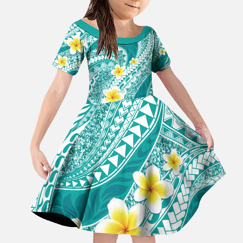 Plumeria Polynesian Teal Glitter Pattern Family Matching Off Shoulder Maxi Dress and Hawaiian Shirt LT01 Daughter's Dress Teal - Polynesian Pride