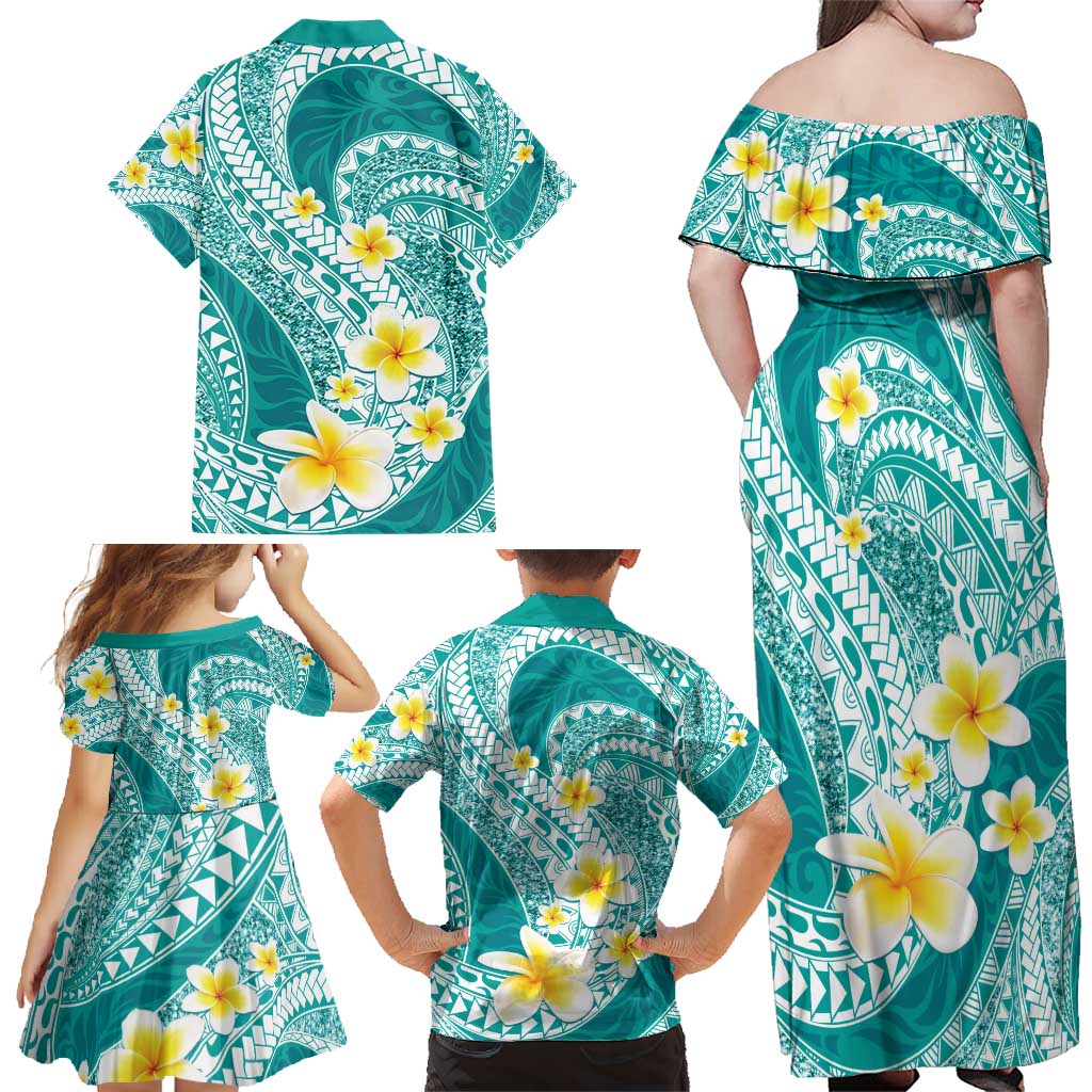 Plumeria Polynesian Teal Glitter Pattern Family Matching Off Shoulder Maxi Dress and Hawaiian Shirt LT01 - Polynesian Pride