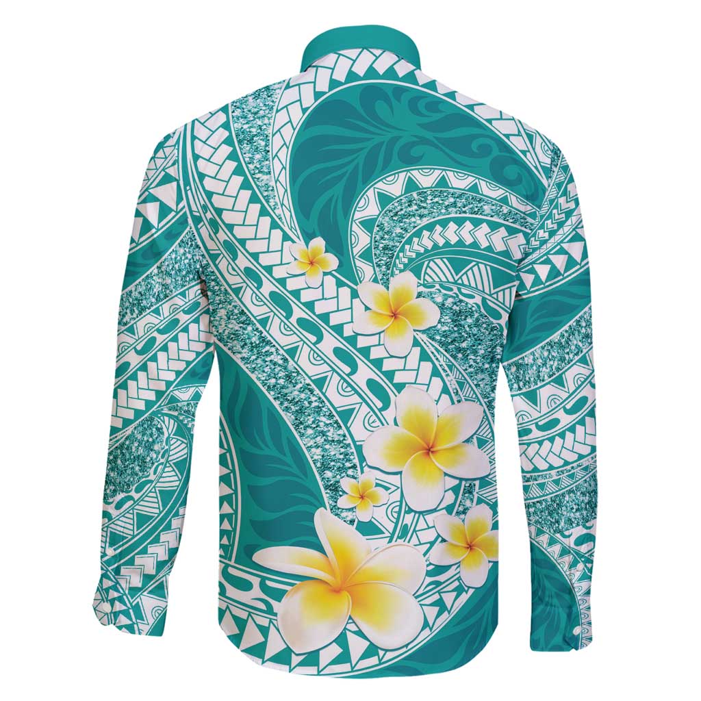 Plumeria Polynesian Teal Glitter Pattern Family Matching Off Shoulder Maxi Dress and Hawaiian Shirt LT01 - Polynesian Pride