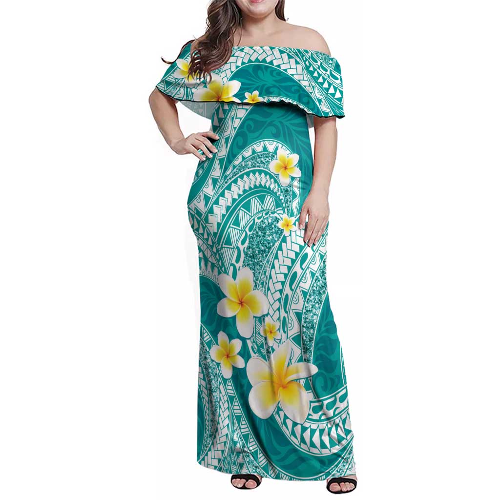 Plumeria Polynesian Teal Glitter Pattern Family Matching Off Shoulder Maxi Dress and Hawaiian Shirt LT01 Mom's Dress Teal - Polynesian Pride