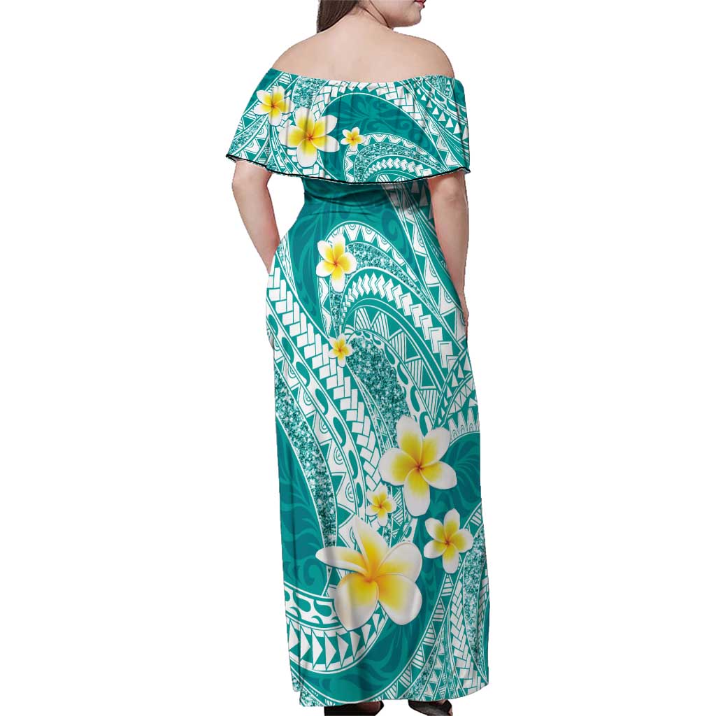 Plumeria Polynesian Teal Glitter Pattern Family Matching Off Shoulder Maxi Dress and Hawaiian Shirt LT01 - Polynesian Pride