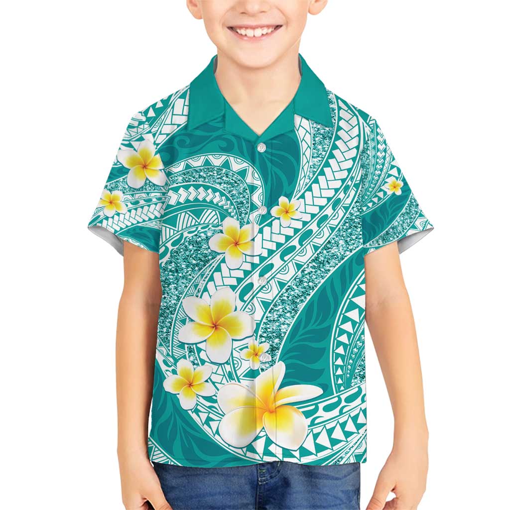 Plumeria Polynesian Teal Glitter Pattern Family Matching Off Shoulder Maxi Dress and Hawaiian Shirt LT01 Son's Shirt Teal - Polynesian Pride