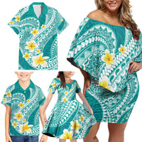 Plumeria Polynesian Teal Glitter Pattern Family Matching Off Shoulder Short Dress and Hawaiian Shirt LT01 - Polynesian Pride