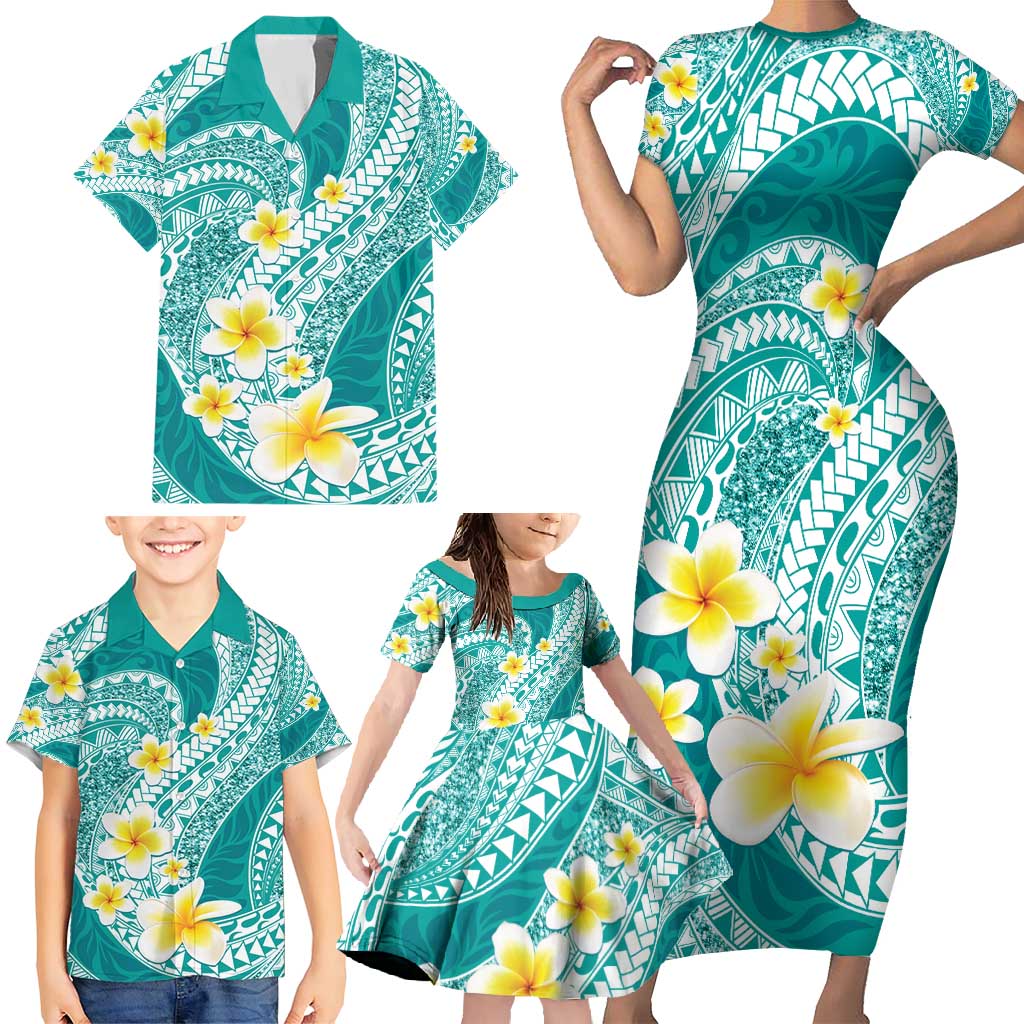 Plumeria Polynesian Teal Glitter Pattern Family Matching Short Sleeve Bodycon Dress and Hawaiian Shirt LT01 - Polynesian Pride