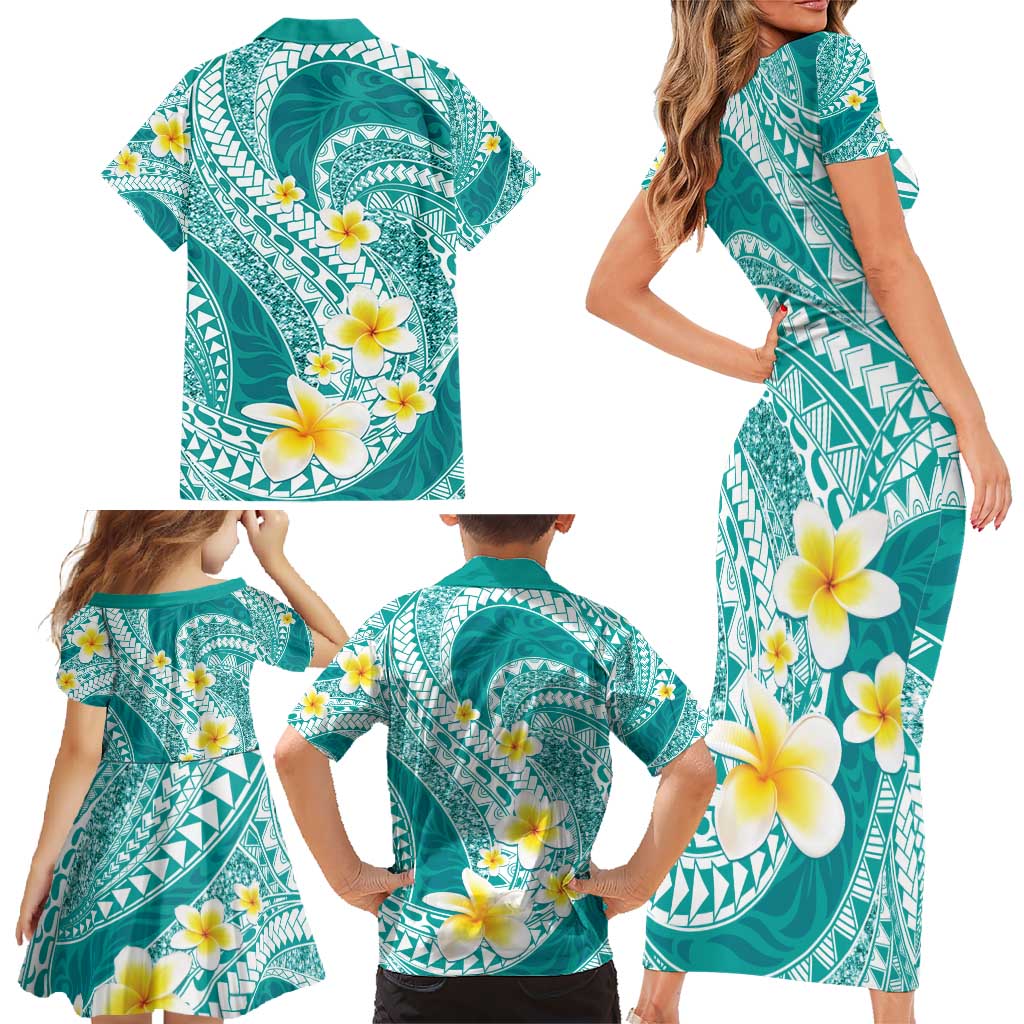 Plumeria Polynesian Teal Glitter Pattern Family Matching Short Sleeve Bodycon Dress and Hawaiian Shirt LT01 - Polynesian Pride