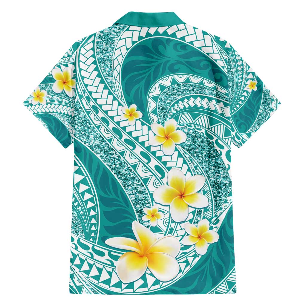 Plumeria Polynesian Teal Glitter Pattern Family Matching Short Sleeve Bodycon Dress and Hawaiian Shirt LT01 - Polynesian Pride