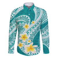 Plumeria Polynesian Teal Glitter Pattern Family Matching Short Sleeve Bodycon Dress and Hawaiian Shirt LT01 Dad's Shirt - Long Sleeve Teal - Polynesian Pride