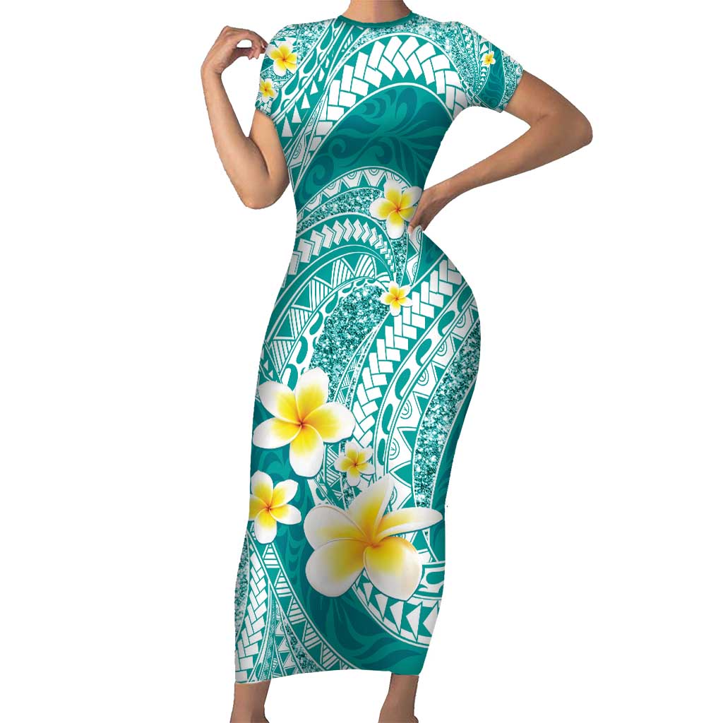 Plumeria Polynesian Teal Glitter Pattern Family Matching Short Sleeve Bodycon Dress and Hawaiian Shirt LT01 Mom's Dress Teal - Polynesian Pride