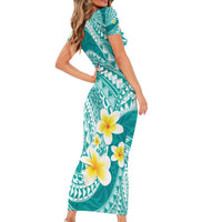 Plumeria Polynesian Teal Glitter Pattern Family Matching Short Sleeve Bodycon Dress and Hawaiian Shirt LT01 - Polynesian Pride