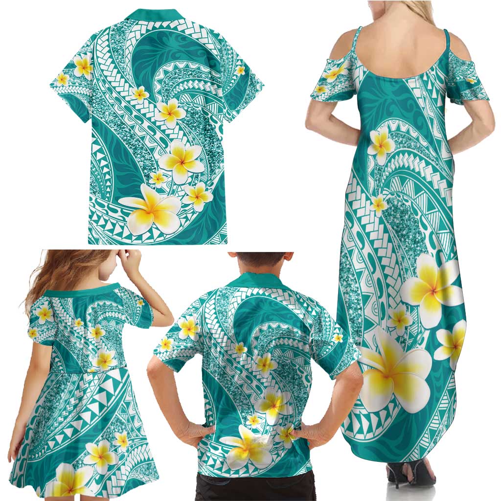Plumeria Polynesian Teal Glitter Pattern Family Matching Summer Maxi Dress and Hawaiian Shirt LT01 - Polynesian Pride
