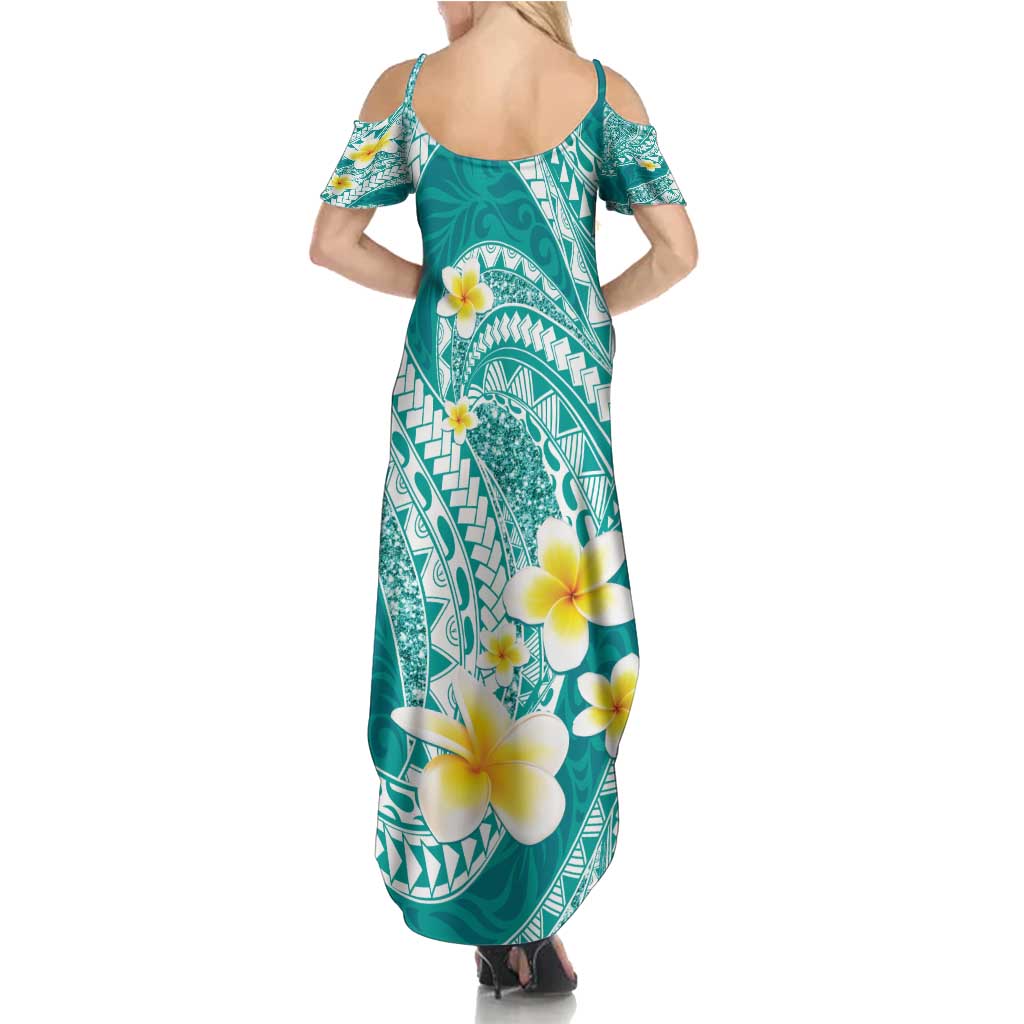 Plumeria Polynesian Teal Glitter Pattern Family Matching Summer Maxi Dress and Hawaiian Shirt LT01 - Polynesian Pride