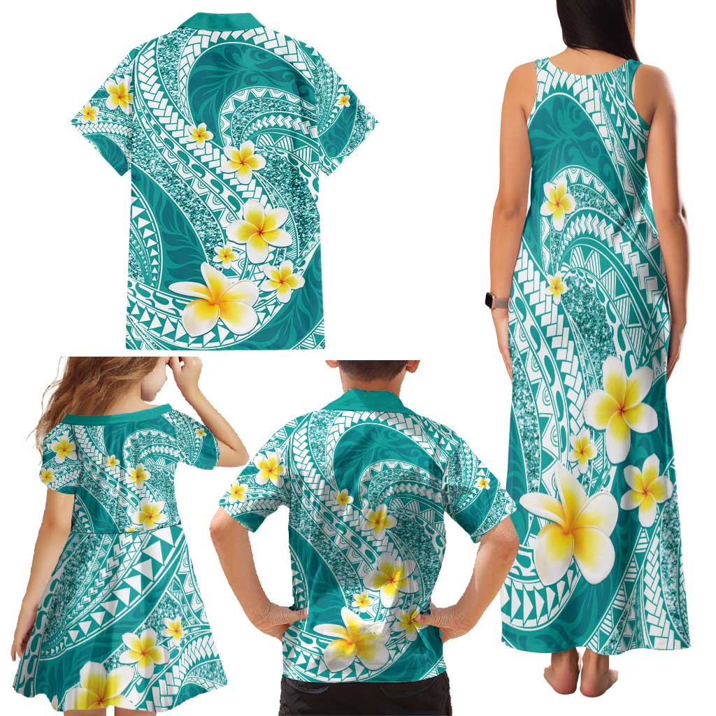 Plumeria Polynesian Teal Glitter Pattern Family Matching Tank Maxi Dress and Hawaiian Shirt LT01 - Polynesian Pride