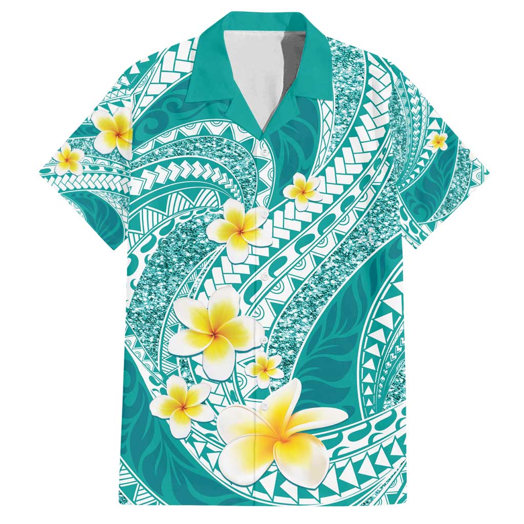Plumeria Polynesian Teal Glitter Pattern Family Matching Tank Maxi Dress and Hawaiian Shirt LT01 Dad's Shirt - Short Sleeve Teal - Polynesian Pride