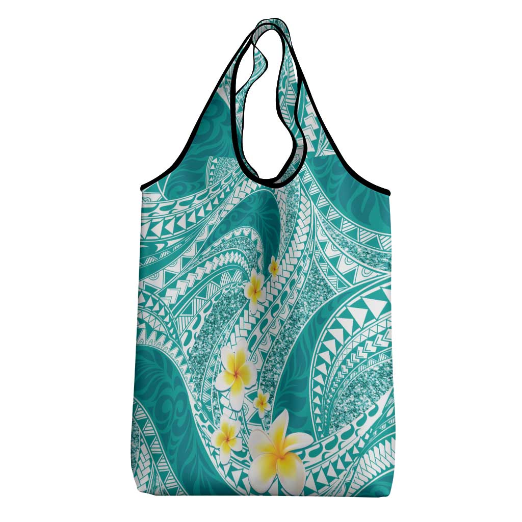 Plumeria Polynesian Teal Glitter Pattern Grocery Bag