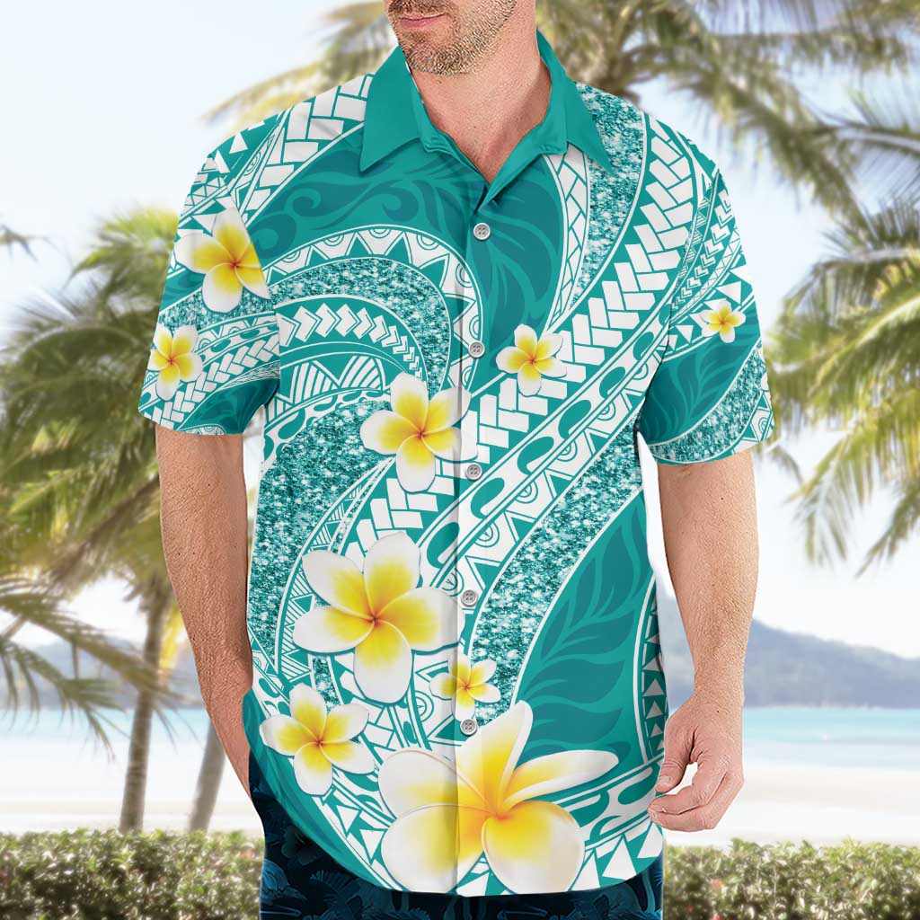 Plumeria Polynesian Teal Glitter Pattern Hawaiian Shirt