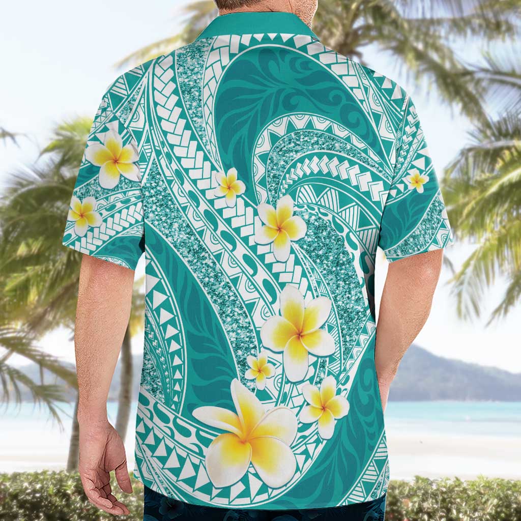 Plumeria Polynesian Teal Glitter Pattern Hawaiian Shirt