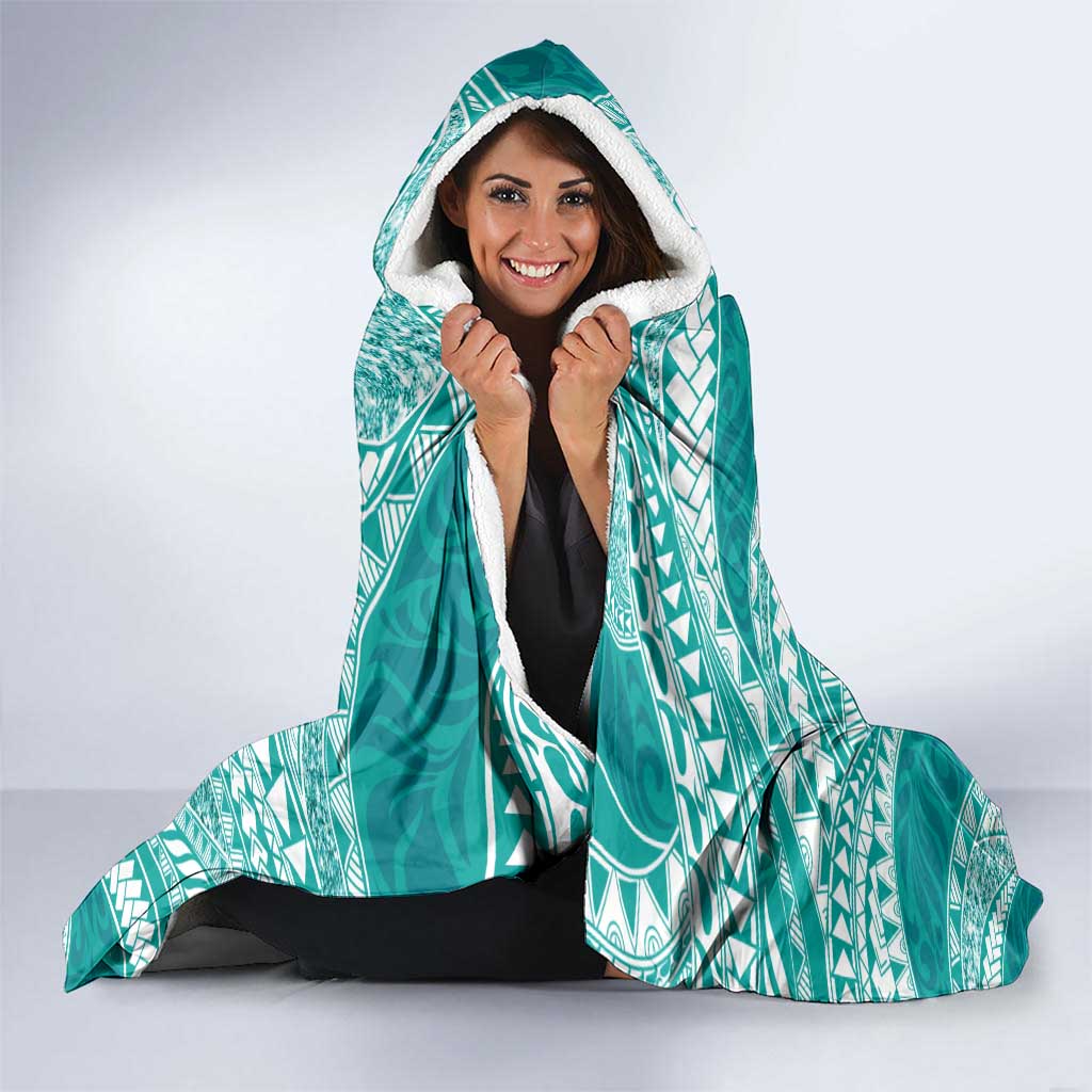 Plumeria Polynesian Teal Glitter Pattern Hooded Blanket