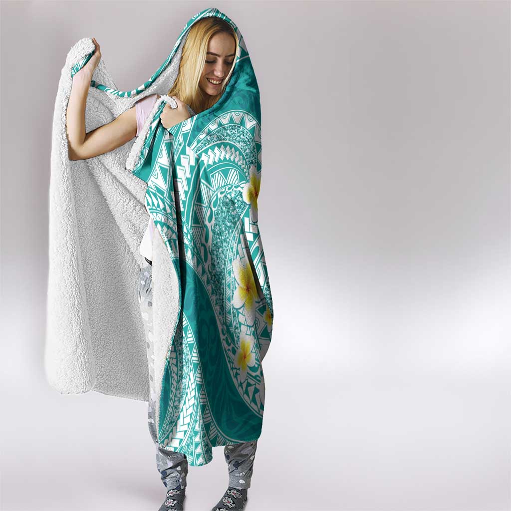 Plumeria Polynesian Teal Glitter Pattern Hooded Blanket