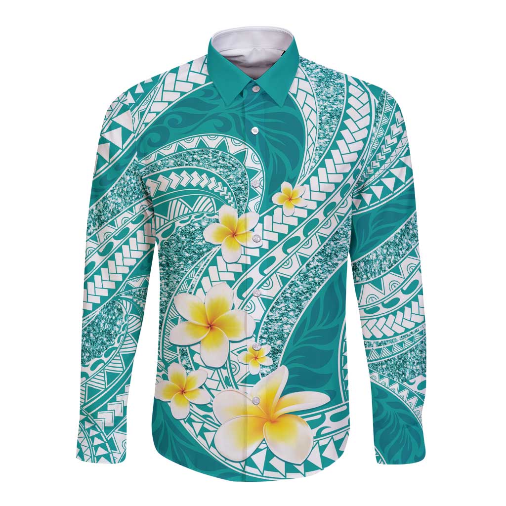 Plumeria Polynesian Teal Glitter Pattern Long Sleeve Button Shirt