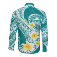 Plumeria Polynesian Teal Glitter Pattern Long Sleeve Button Shirt
