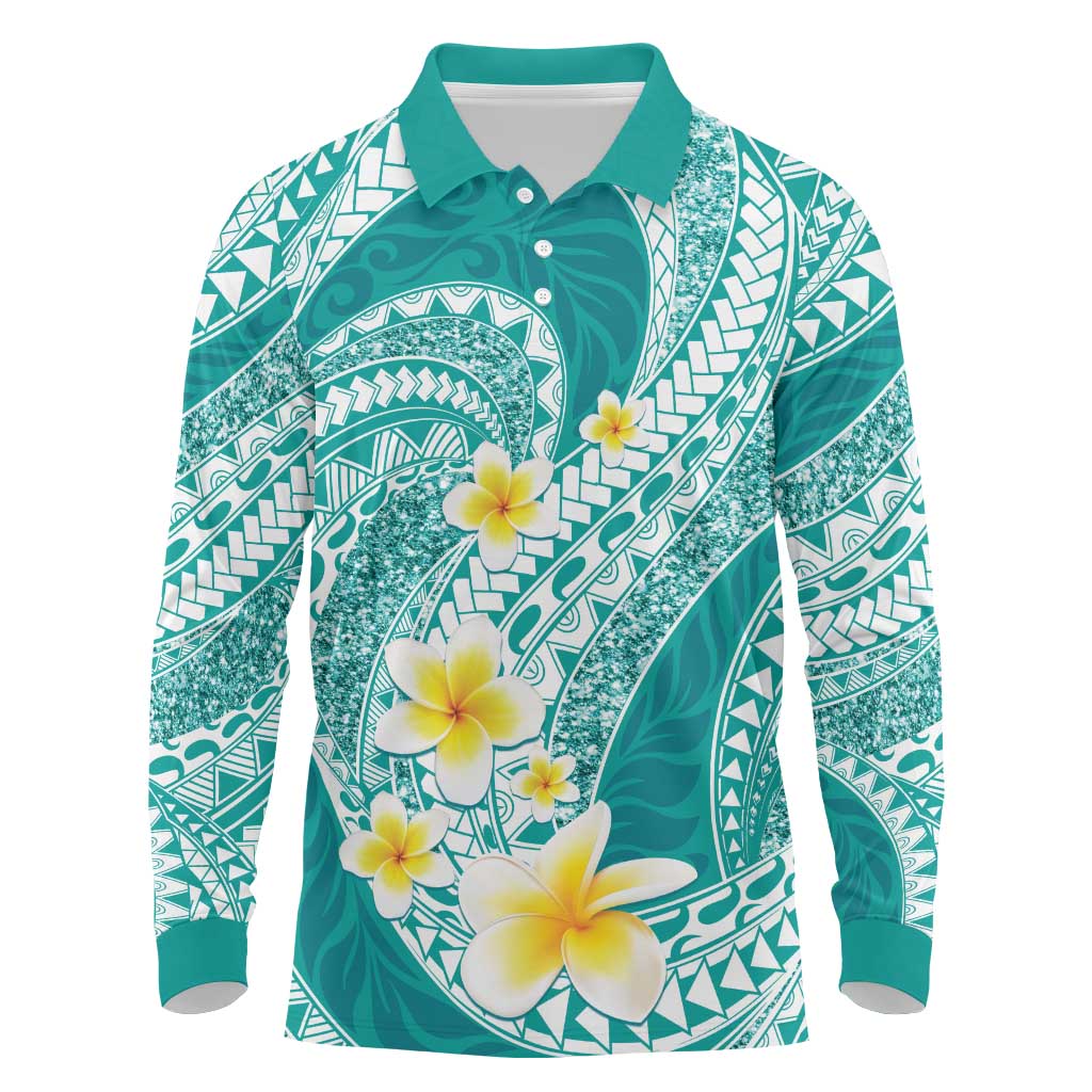 Plumeria Polynesian Teal Glitter Pattern Long Sleeve Polo Shirt LT01 Teal - Polynesian Pride