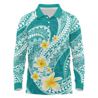 Plumeria Polynesian Teal Glitter Pattern Long Sleeve Polo Shirt LT01 Teal - Polynesian Pride