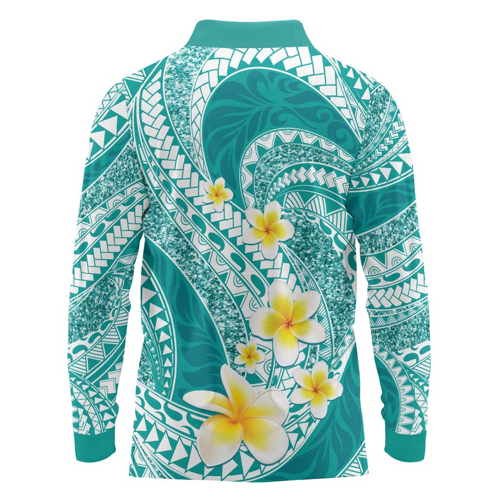 Plumeria Polynesian Teal Glitter Pattern Long Sleeve Polo Shirt LT01 - Polynesian Pride