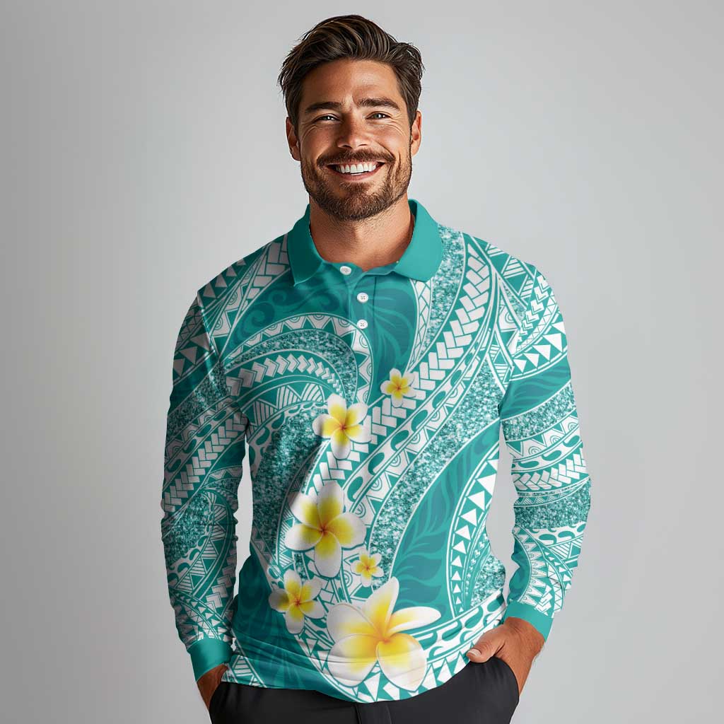 Plumeria Polynesian Teal Glitter Pattern Long Sleeve Polo Shirt LT01 - Polynesian Pride
