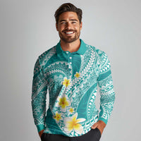 Plumeria Polynesian Teal Glitter Pattern Long Sleeve Polo Shirt LT01 - Polynesian Pride