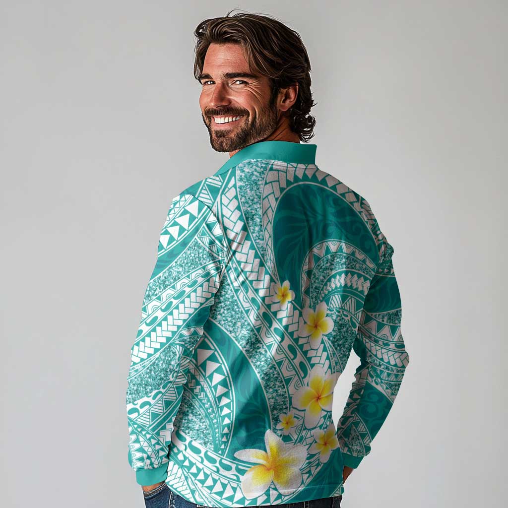 Plumeria Polynesian Teal Glitter Pattern Long Sleeve Polo Shirt LT01 - Polynesian Pride