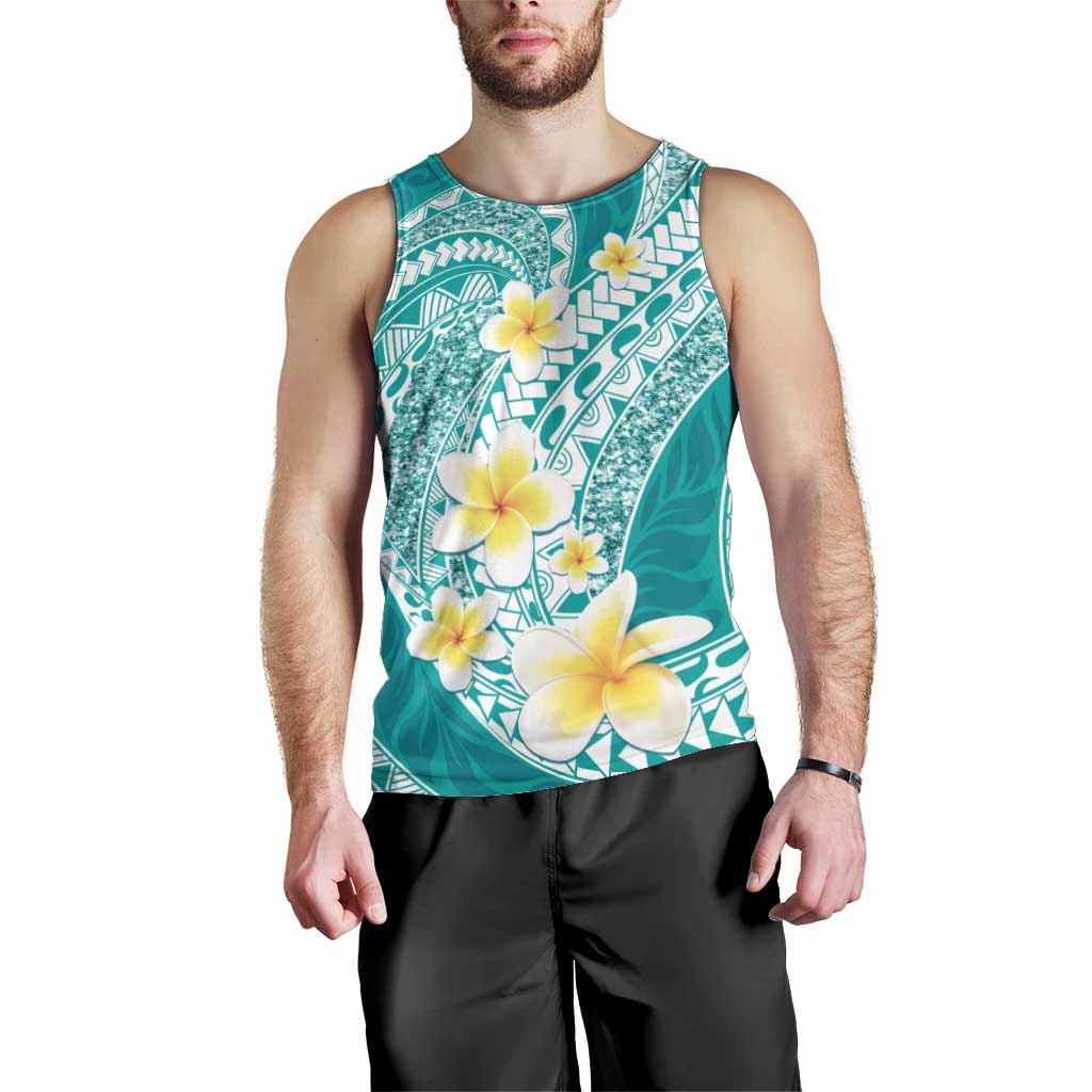 Plumeria Polynesian Teal Glitter Pattern Men Tank Top