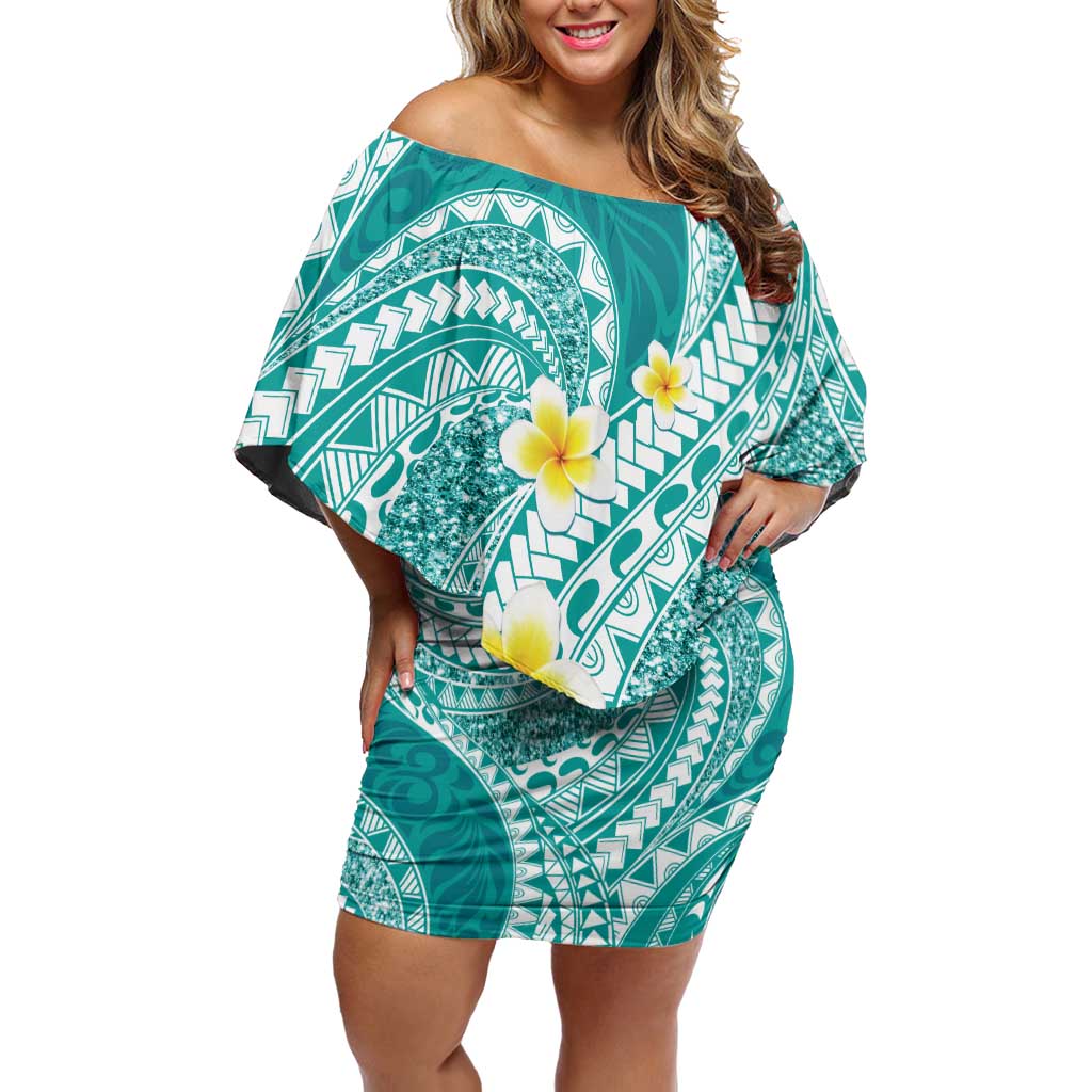 Plumeria Polynesian Teal Glitter Pattern Off Shoulder Short Dress