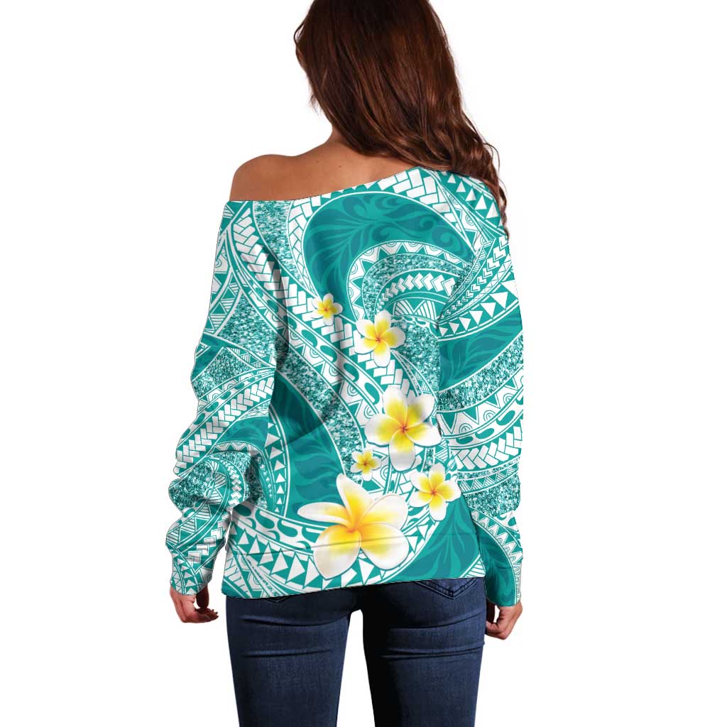 Plumeria Polynesian Teal Glitter Pattern Off Shoulder Sweater