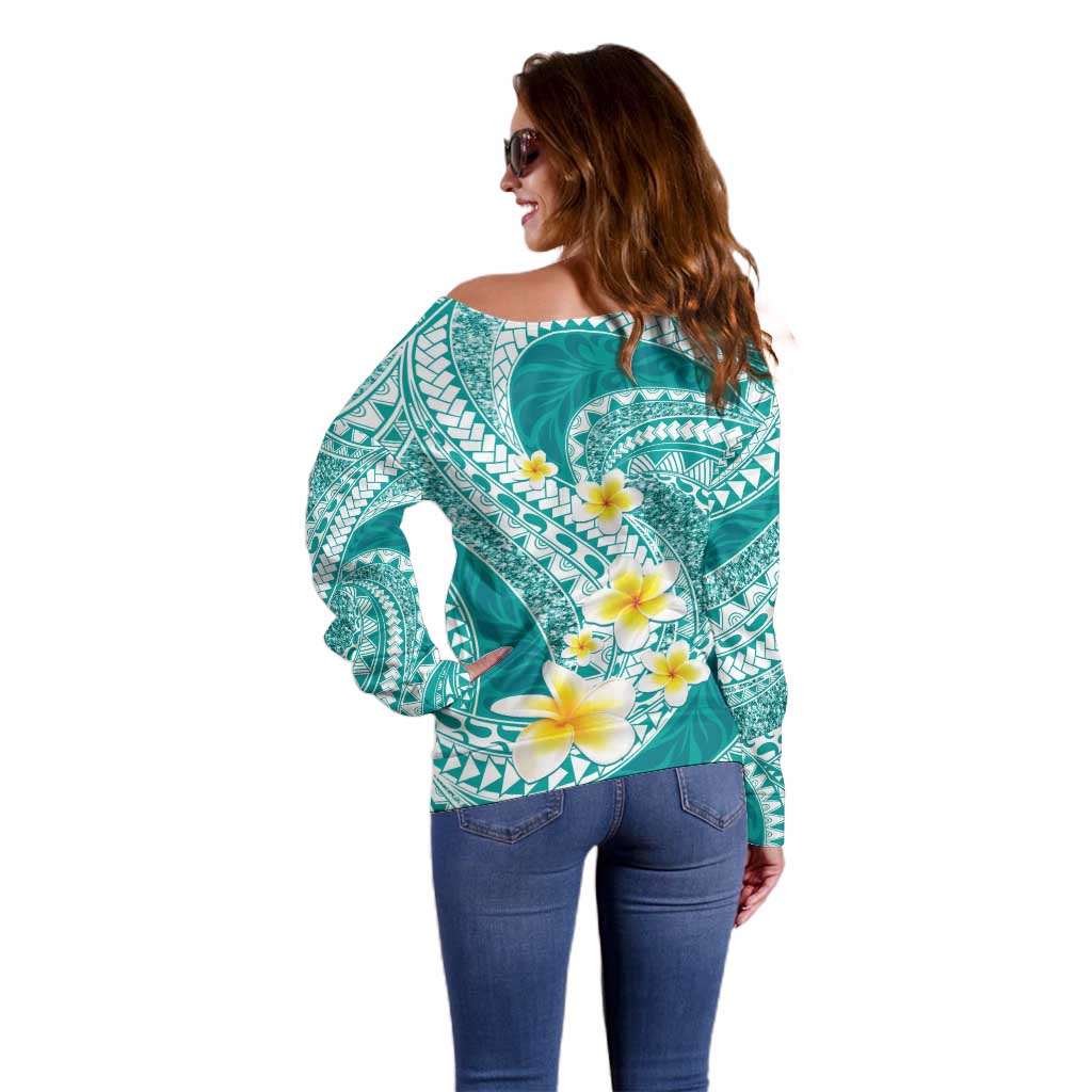 Plumeria Polynesian Teal Glitter Pattern Off Shoulder Sweater
