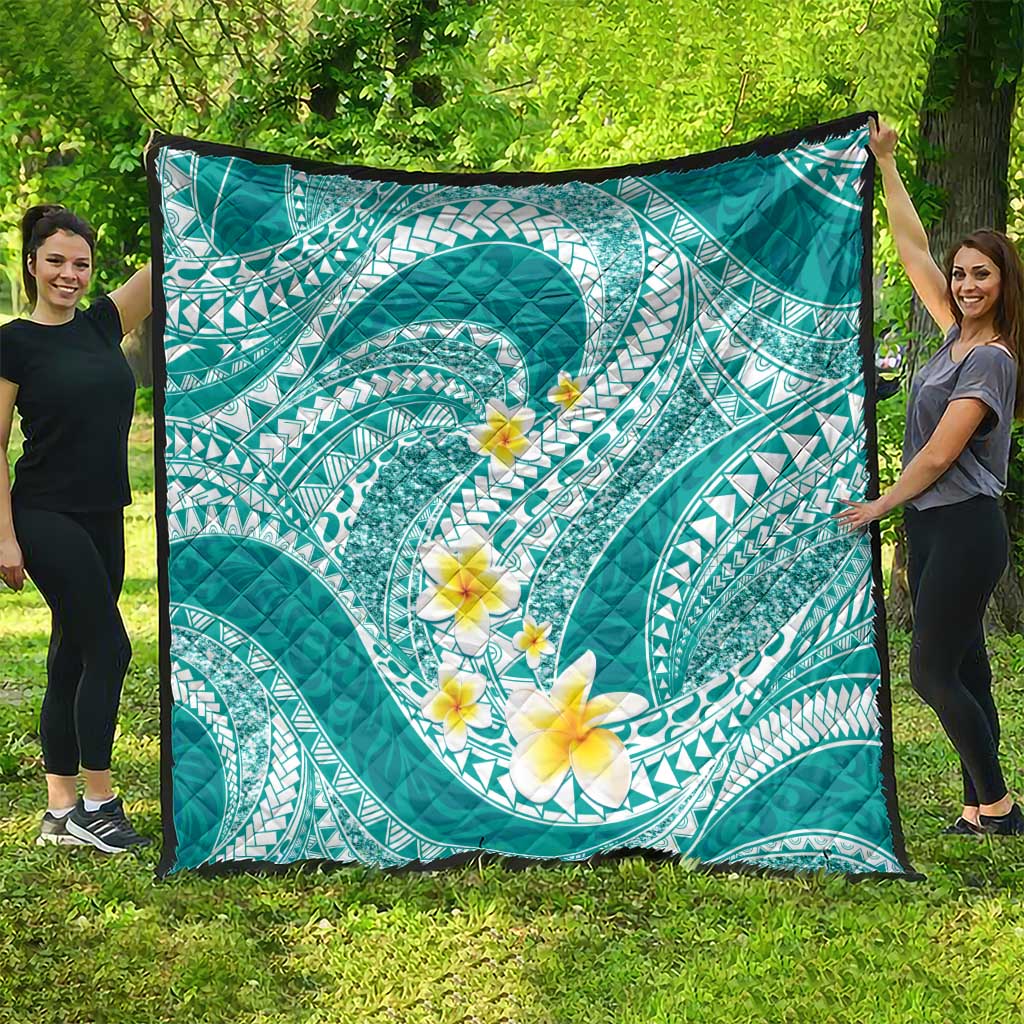 Plumeria Polynesian Teal Glitter Pattern Quilt LT01 - Polynesian Pride