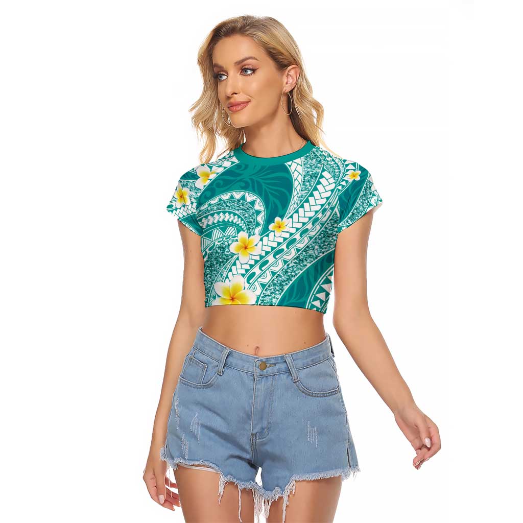 Plumeria Polynesian Teal Glitter Pattern Raglan Cropped T Shirt LT01 Female Teal - Polynesian Pride