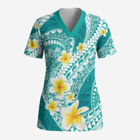 Plumeria Polynesian Teal Glitter Pattern Scrub Top - Polynesian Pride
