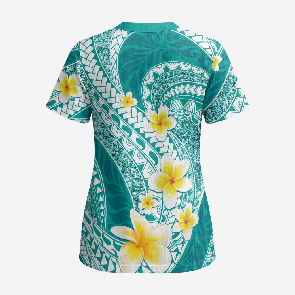 Plumeria Polynesian Teal Glitter Pattern Scrub Top - Polynesian Pride