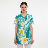 Plumeria Polynesian Teal Glitter Pattern Scrub Top - Polynesian Pride