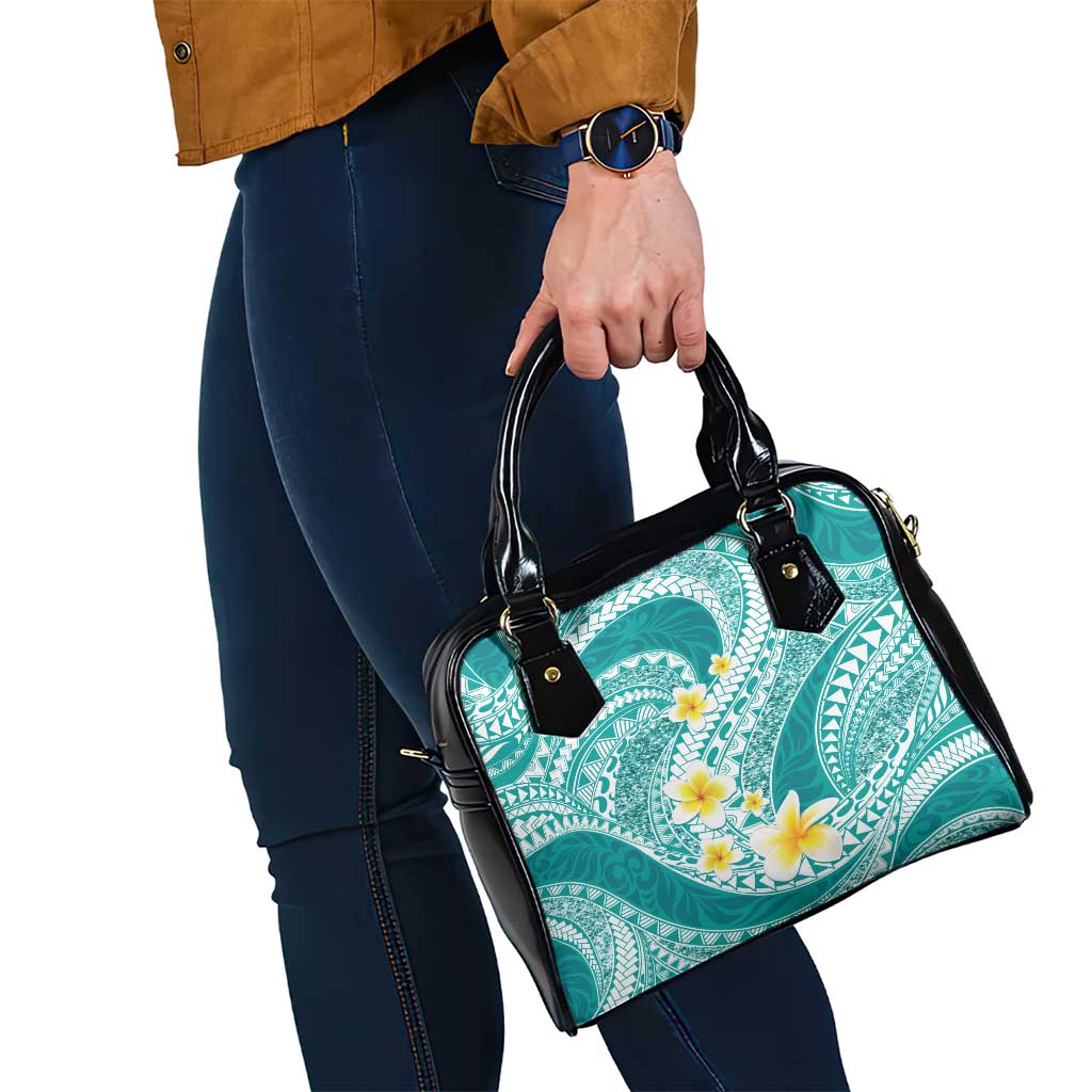 Plumeria Polynesian Teal Glitter Pattern Shoulder Handbag