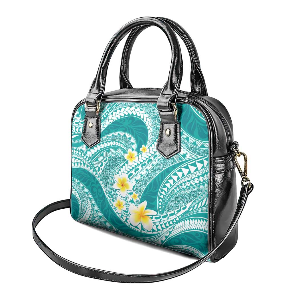 Plumeria Polynesian Teal Glitter Pattern Shoulder Handbag