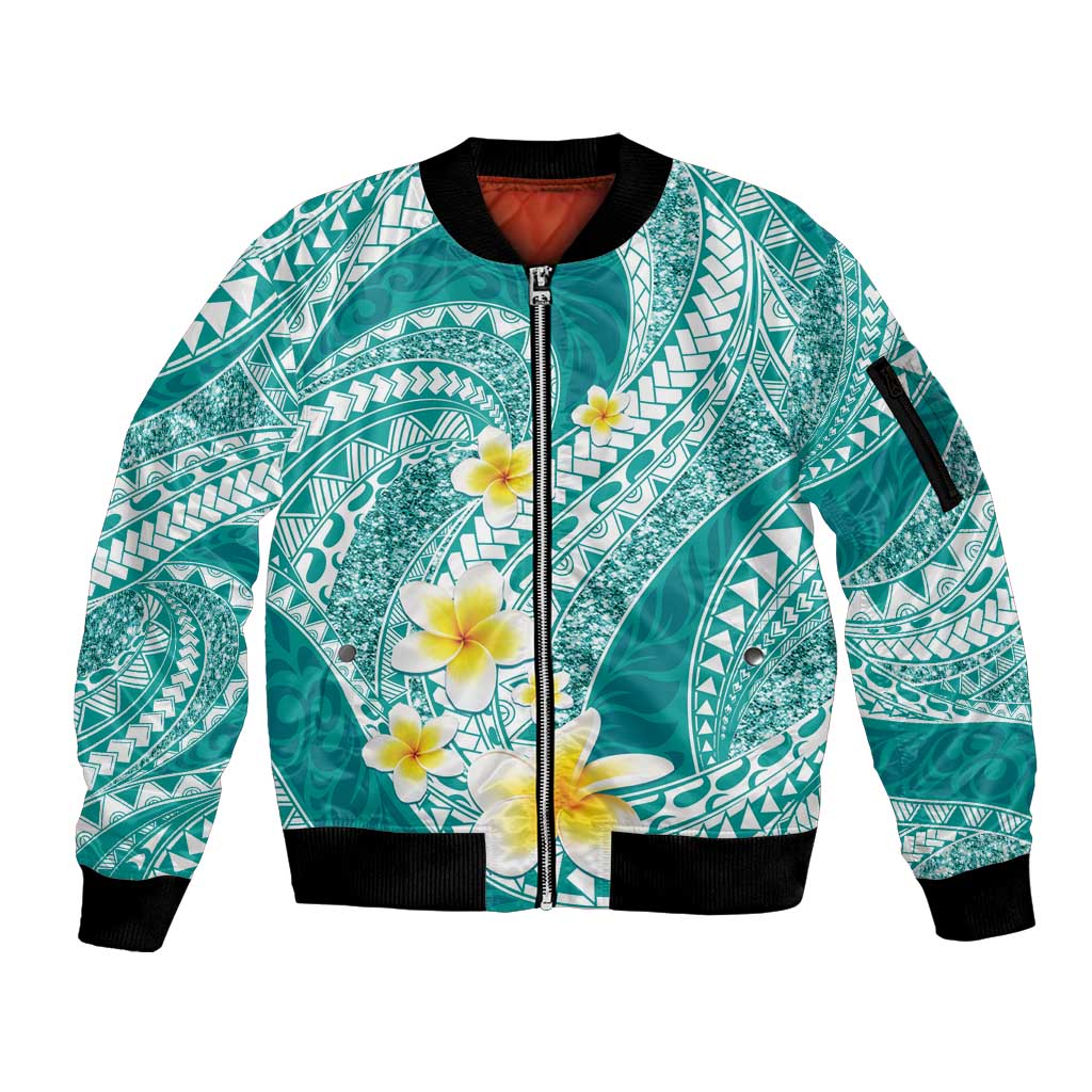 Plumeria Polynesian Teal Glitter Pattern Sleeve Zip Bomber Jacket
