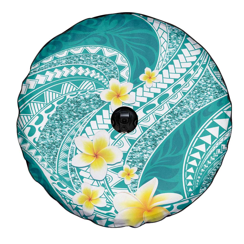Plumeria Polynesian Teal Glitter Pattern Spare Tire Cover