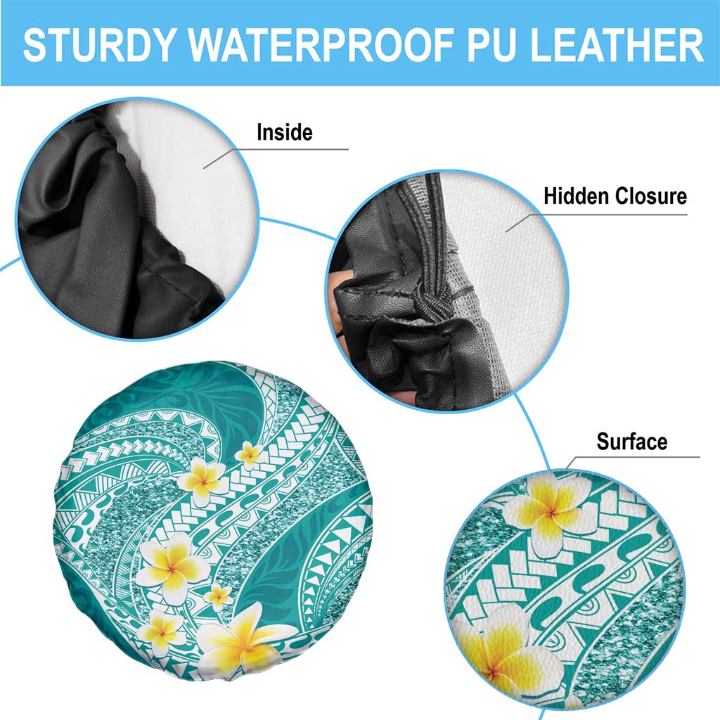 Plumeria Polynesian Teal Glitter Pattern Spare Tire Cover