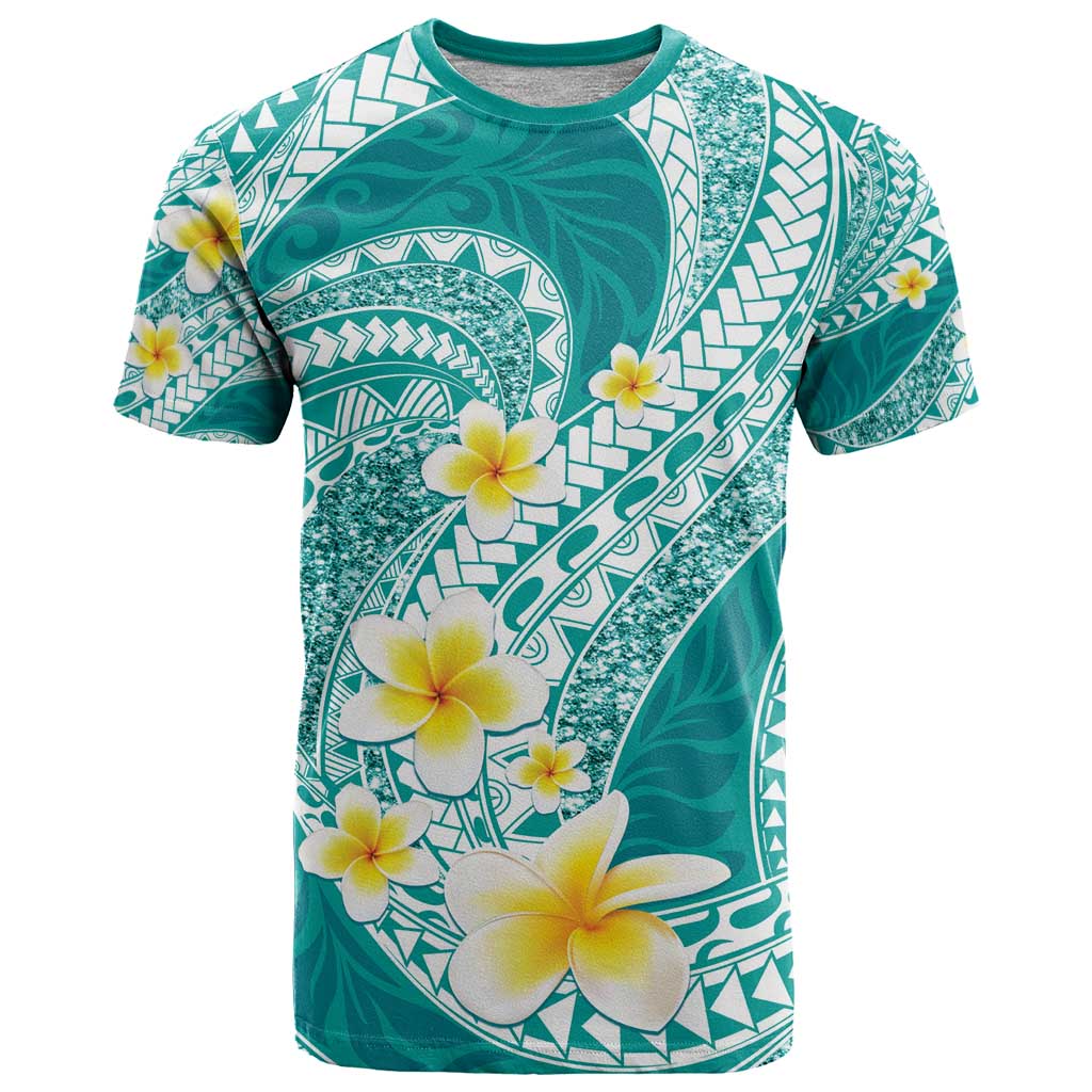 Plumeria Polynesian Teal Glitter Pattern T Shirt LT01 Teal - Polynesian Pride