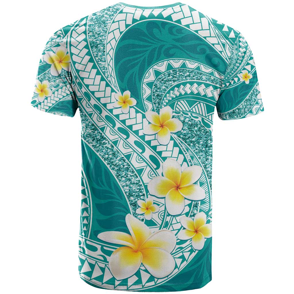 Plumeria Polynesian Teal Glitter Pattern T Shirt LT01 - Polynesian Pride