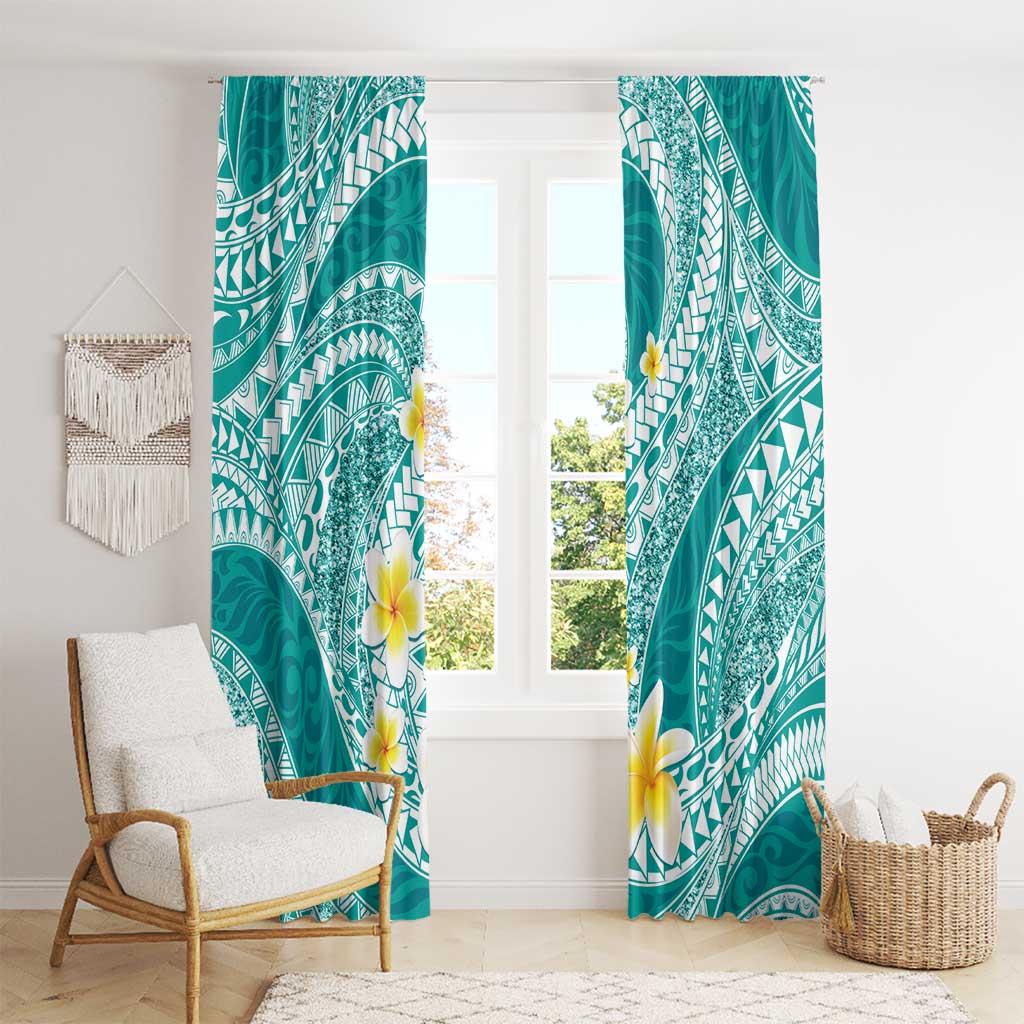 Plumeria Polynesian Teal Glitter Pattern Window Curtain