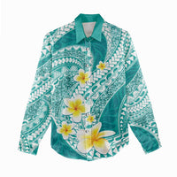 Plumeria Polynesian Teal Glitter Pattern Women Casual Shirt LT01 - Polynesian Pride