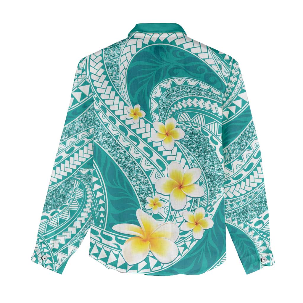 Plumeria Polynesian Teal Glitter Pattern Women Casual Shirt LT01 - Polynesian Pride